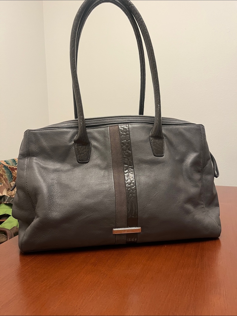Cole Haan Gray Leather Tote with Center Stripe and Metal Nameplate